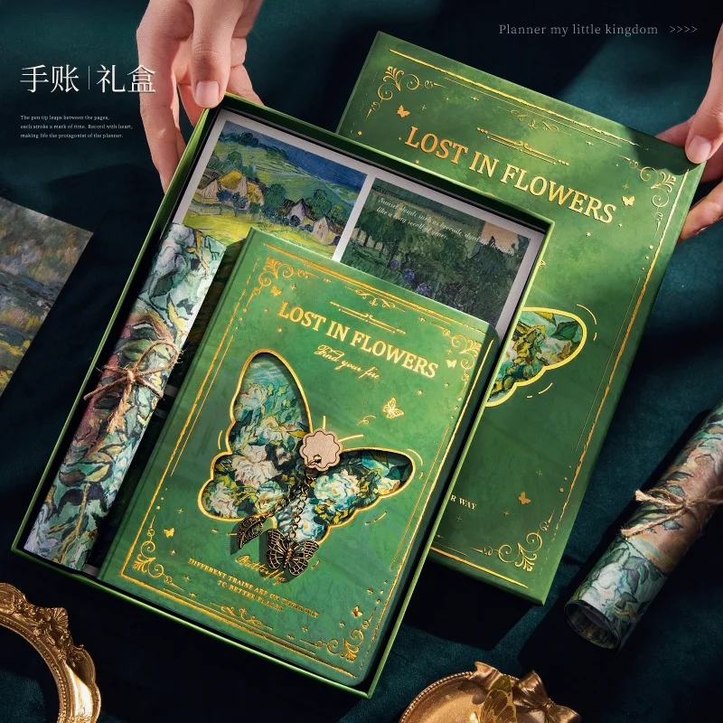 

High Beauty Set Ins Oil Painting Notebook Butterfly Hollow Handletter Gift Box Notebook Student Birthday Xmas Gift Friend