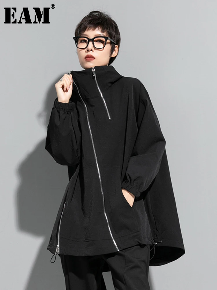 [EAM] Loose Black Zipper Irregular Big Size Long Jacket New Hooded Long Sleeve Women Coat Fashion Spring Autumn 2024 1DF1658