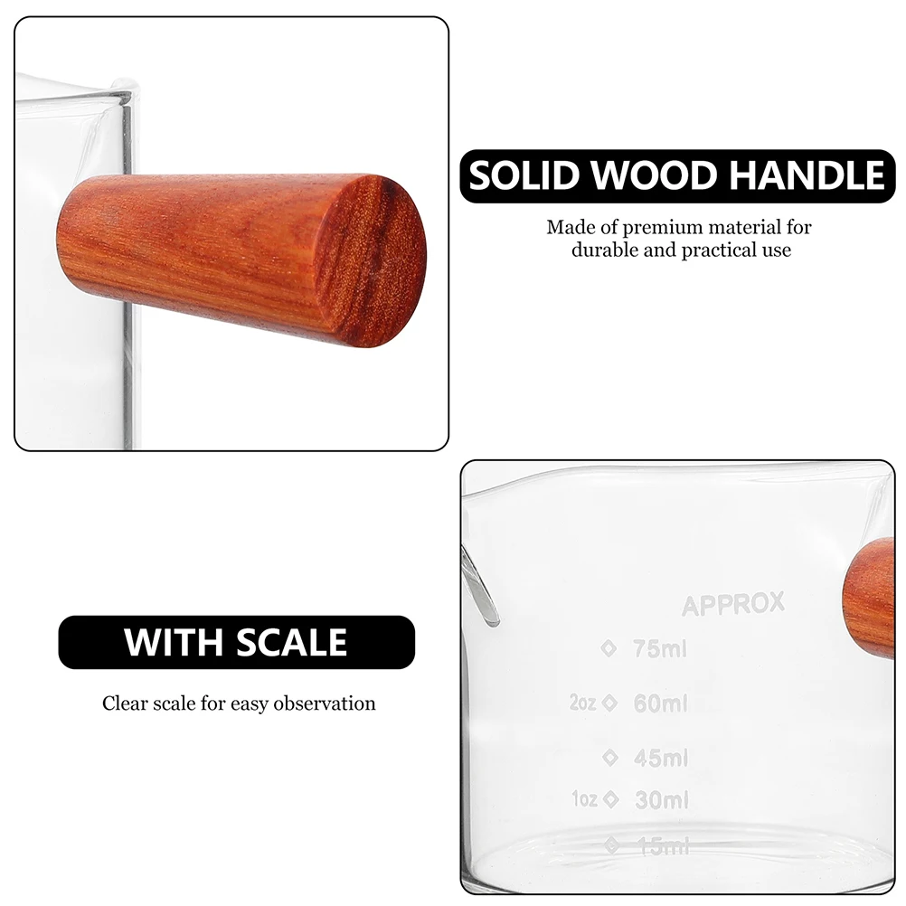 2 قطعة مقبض الخشب جرة الحليب الزجاجية 75 مللي صنبور مزدوج قياس كوب لصنع قهوة اسبريسو صب أكواب المطبخ بار أداة #3