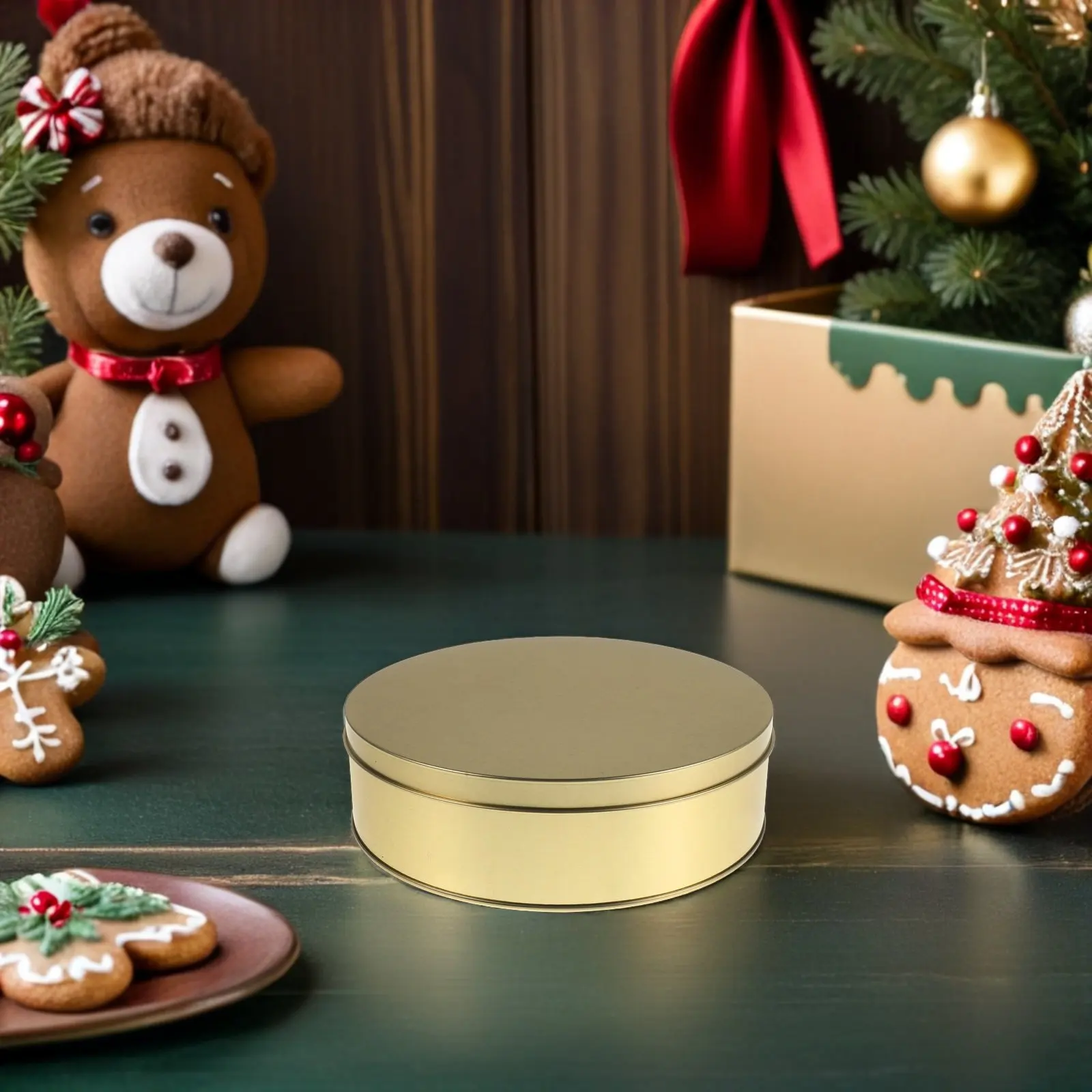 2Pcs Gold Decorative Round Cookie Tin Metal Biscuit Candy Storage Box Airtight Container for Holiday Snacks Travel Home Office