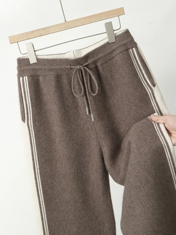 

TLOML Men 100% Merino Wool Knitwear Thicken Jacquard Straight Leg pants Autumn Winter Soft Warm Casual Cashmere Drawstring Pants