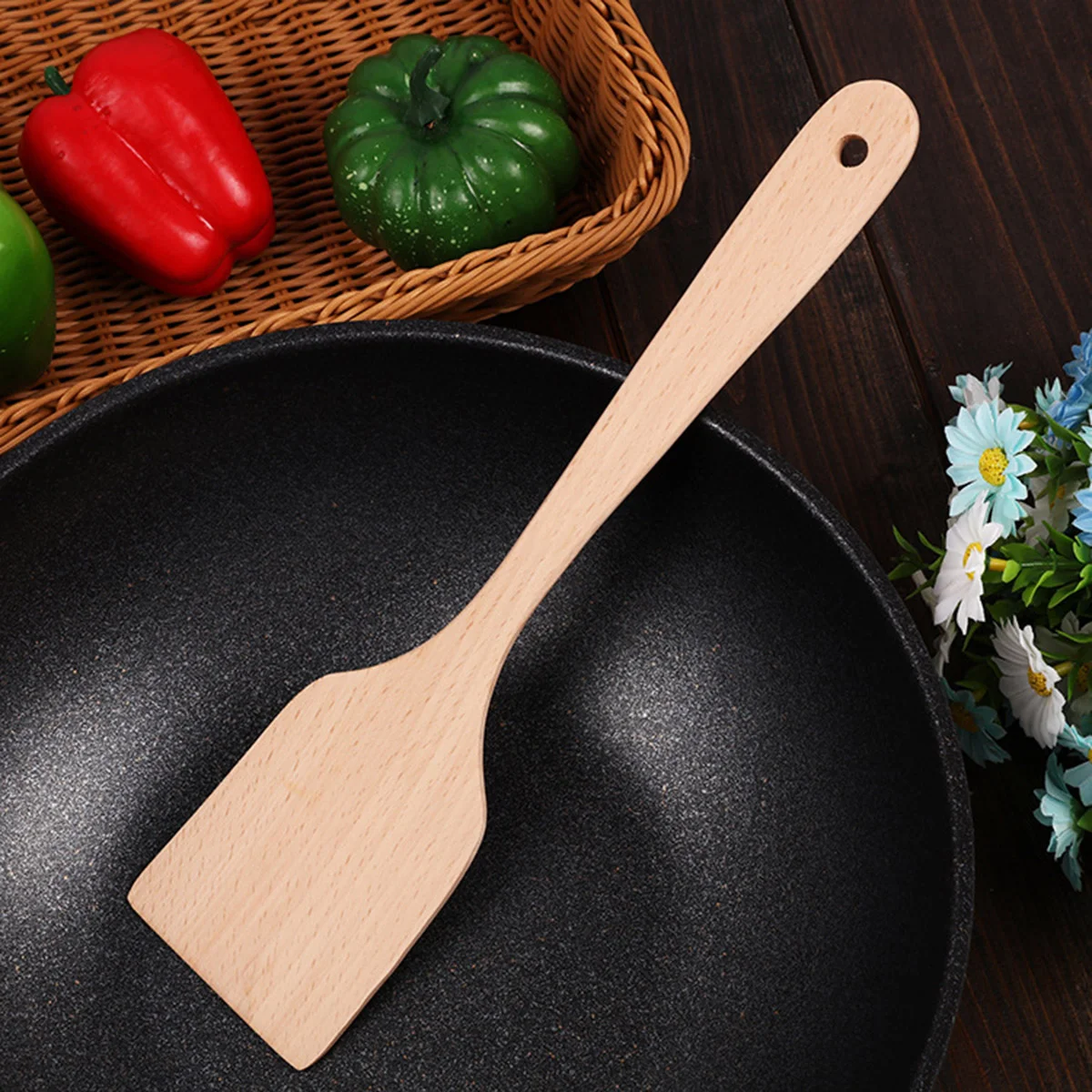 

2 PCS Wooden Spatula Lathe Flat Beechwood Turner 3 Holes Kitchen Utensil