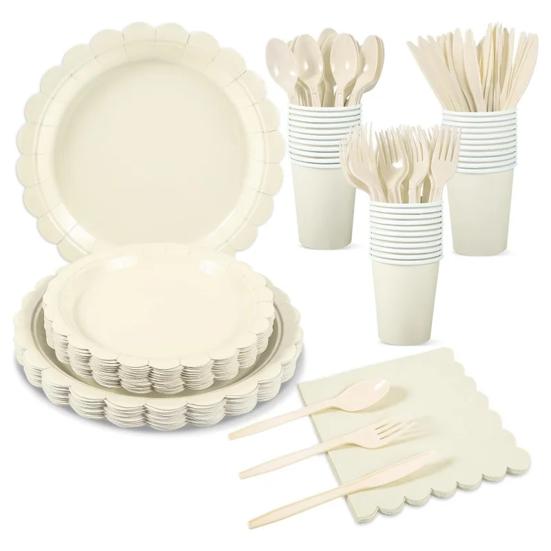 Ensemble de vaisselle de fête en dentelle Beige, couleur unie, assiettes en papier jetables, gobelets, serviettes pour la famille, pique-nique en plein air, fête d'anniversaire, 2026