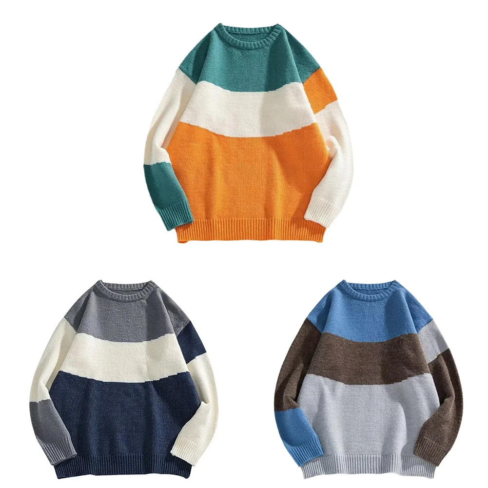 Mens Loose Casual Round Neck Cardigan Contrast Color Long Sleeve Pullover Sweater For Daily Home Commuting All Season Wear