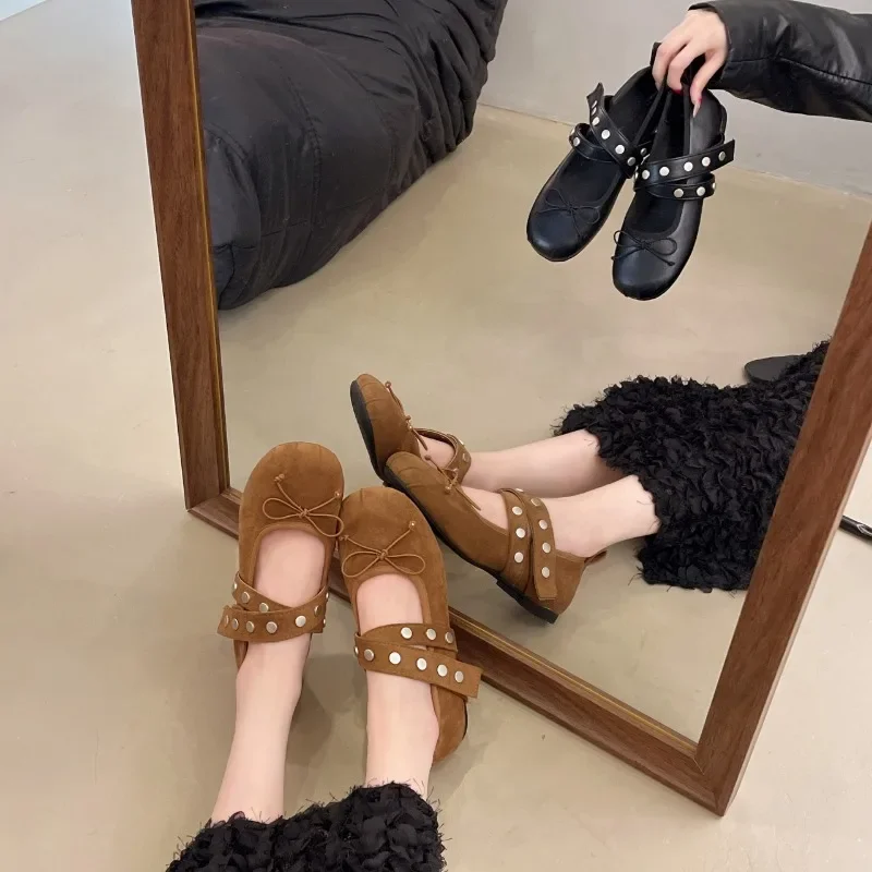 

2025 Fashion Silk Women Ballet Flats Footwear Lolita Shoes Luxury Autumn Female Butterfly-Knot Round Toe Ladies Dance Shoes