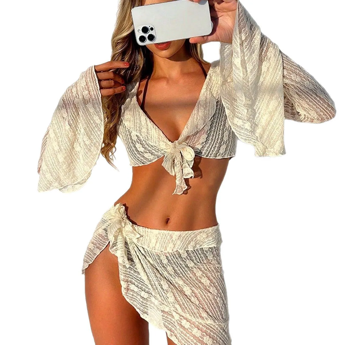 Bikini 2025 Mini Bikini de cintura alta para mujer, traje de baño de cuatro piezas con realce separado para playa, Poncho de encaje de malla, Bikini de manga larga para cubrir
