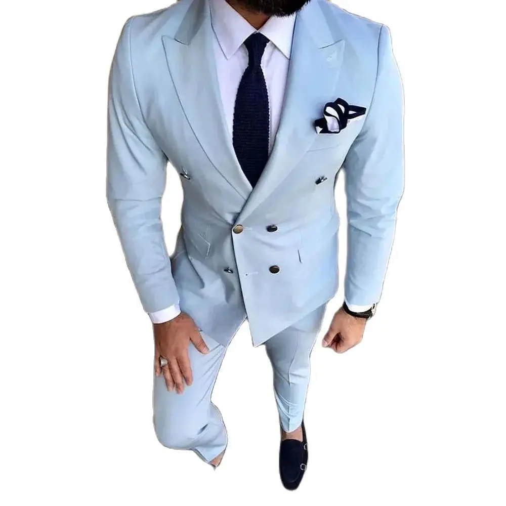 Chic Sky Blue Men Suits High Quality 2024 Double Breasted Peak Lapel Falt Front Elegant Wedding Tuxedo Slim Fit Full Set Outwear