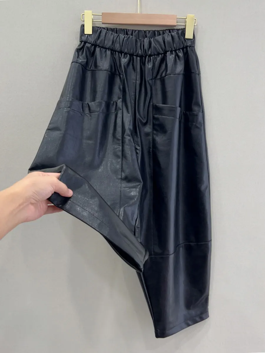 

Женские повседневные брюки с высокой талией и широкими штанинами, утепленные флисом, из искусственной кожи, свободного кроя, универсальные, больших размеров