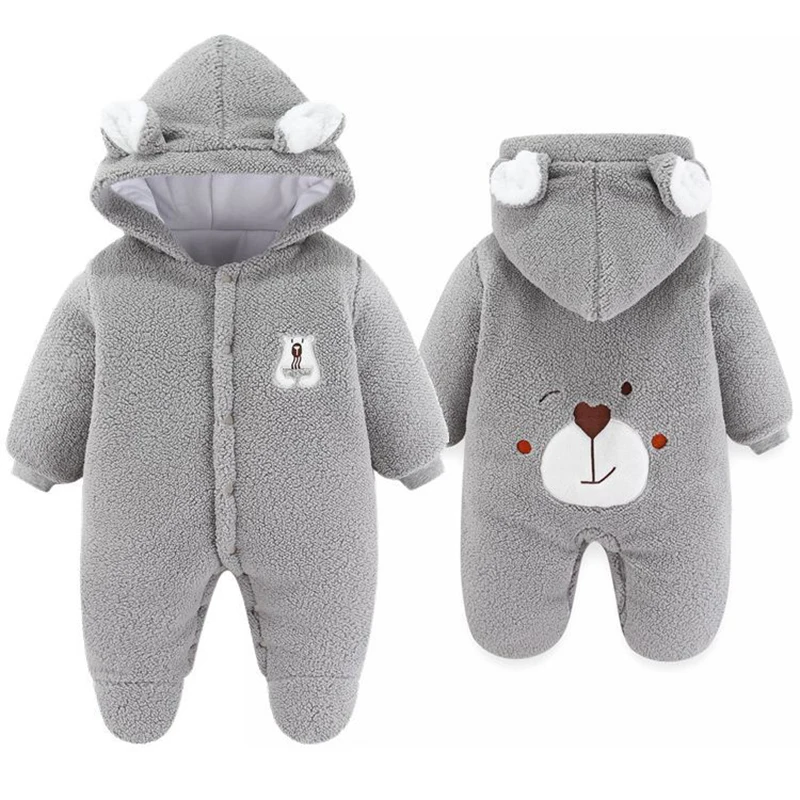 0-12M Cute Plush Bear Baby Boy Romper Infant Girl Overall Jumpsuit Autumn Winter Warm Fleece Hooded Baby Rompers Newborn Clothes