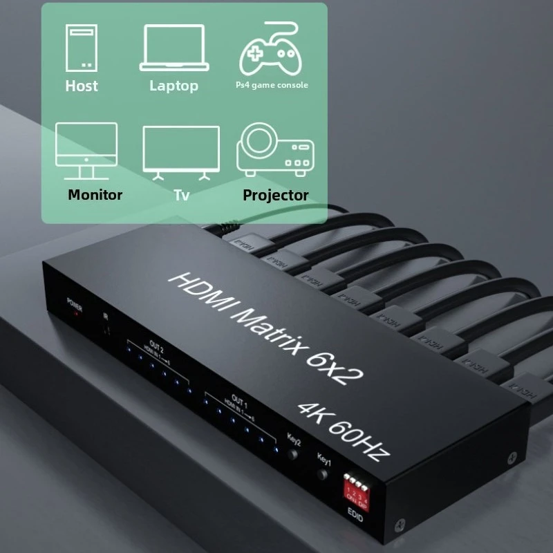 6x2 HD Matrix Switch 4K 60Hz HDTV Matrix 6 in 2 out Video Switcher Splitter with optical R/L Audio Extractor for PC Loptop TV