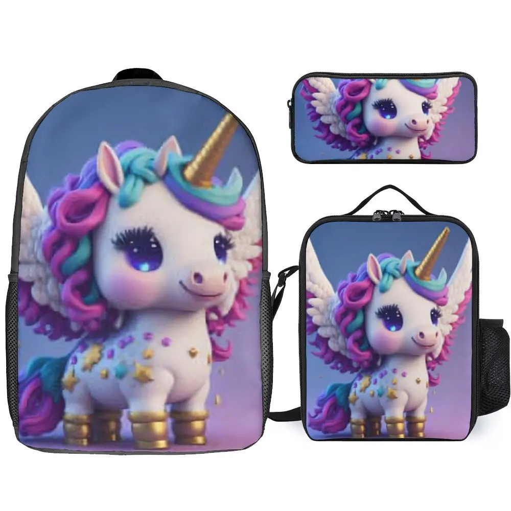 Divertidos De Magical Cute Baby Unicorn Magical Unicorn 3 in 1 Set 17 Inch Backpack Lunch Bag Pen Bag  Durable Blanket Roll Comf