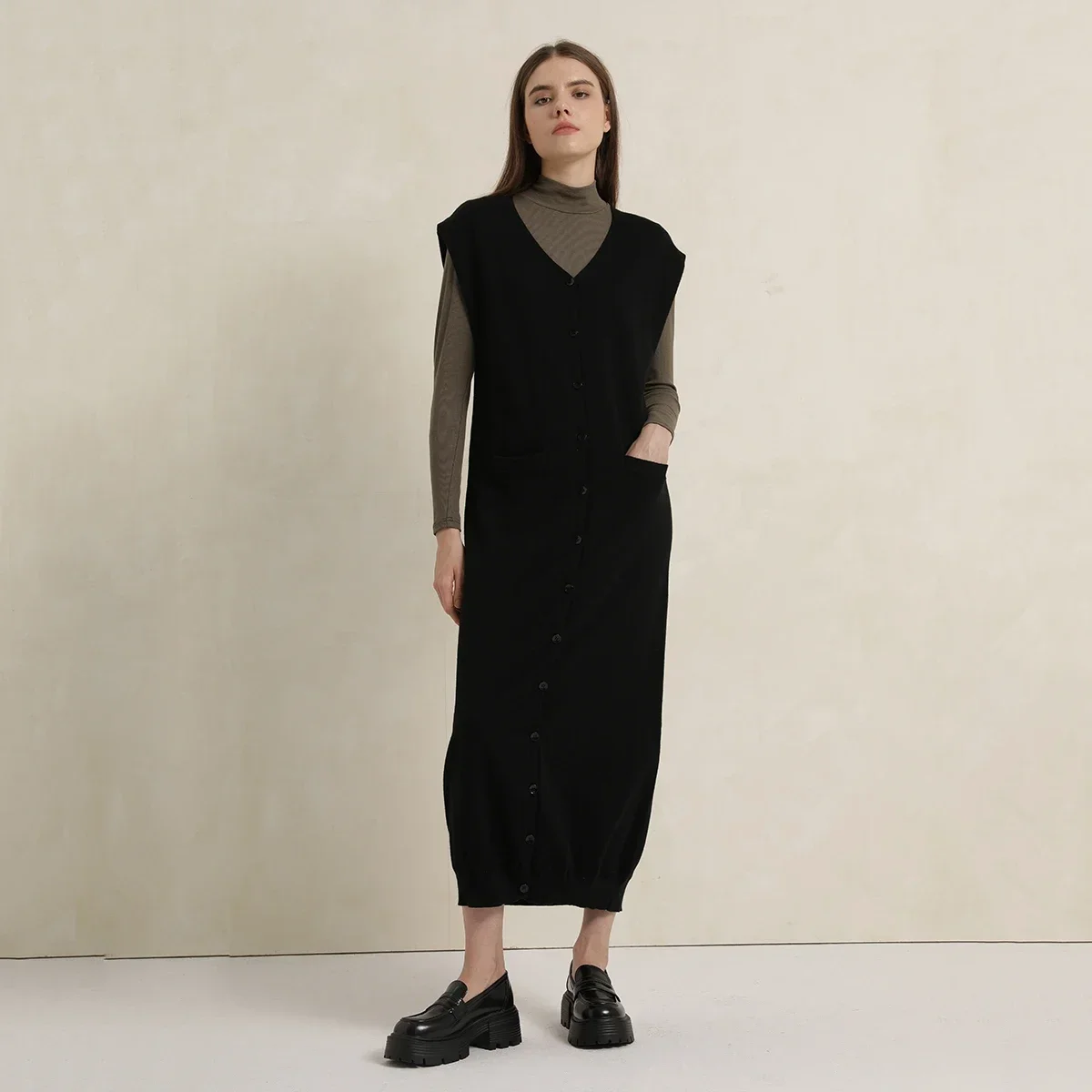 AP Sweater Maxi Women Dress Wool 2024 Fall Women Black Dress Lady Clothes Sleeveless Dress Buttons, #2008