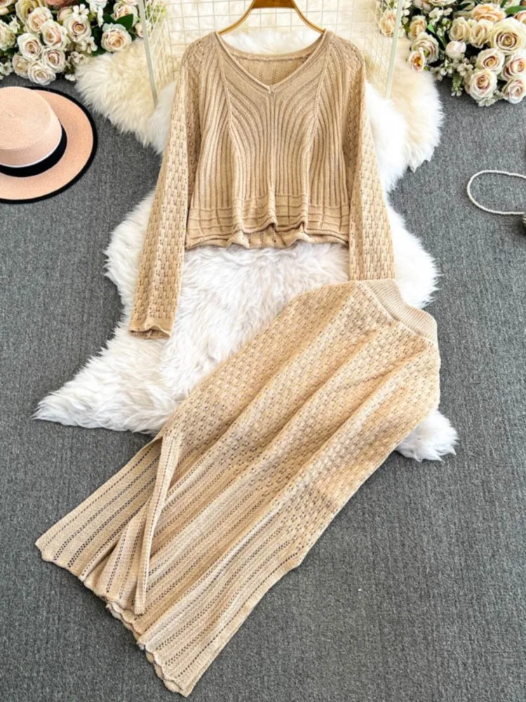 Autumn Women Elegant Casual Knitted Skirt Suit Hollow Out V-Neck Tank Tops Sexy Slim Midi Saya Two Piece Set Female Outfits New