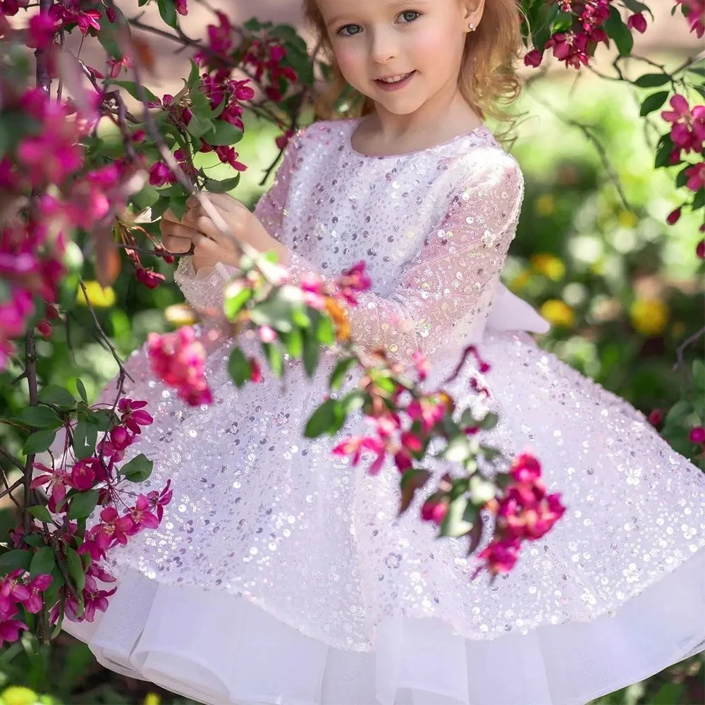 

Customized Sparkly Stylish Sequins Long Sleeve Flower Girl Dresses Round Neck A-line Vintage Children's Dress платье для девочки