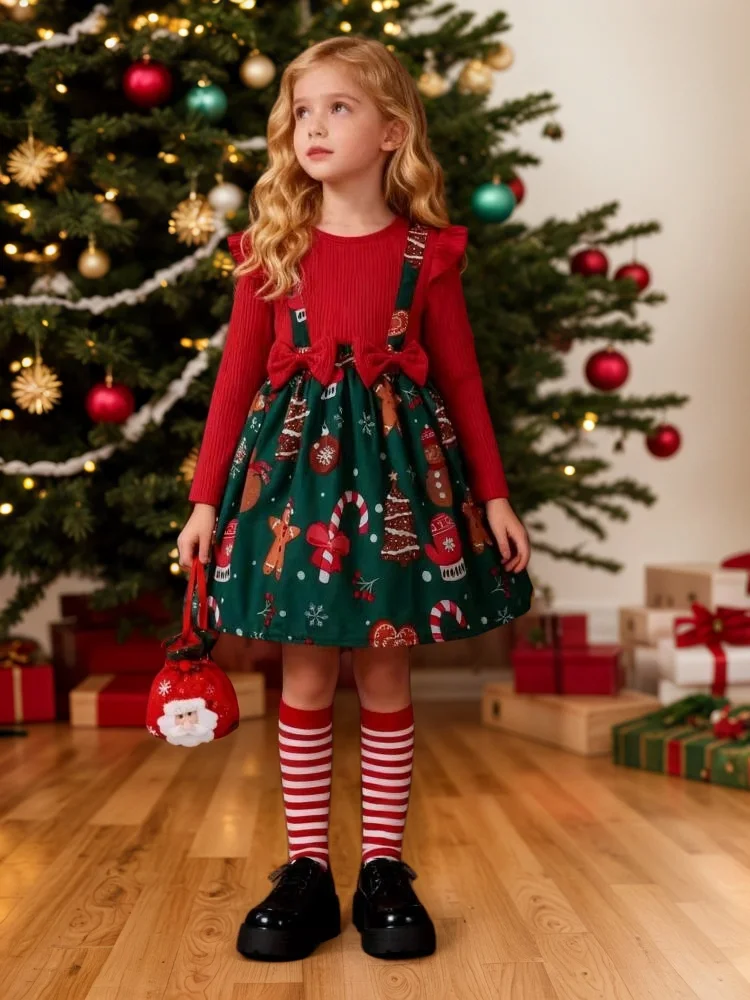 

Girls Winter Cartoon Dress Red Splicing Christmas Gift Deer Print Christmas Sweet Cute Dress Carnival Children Christmas Costume