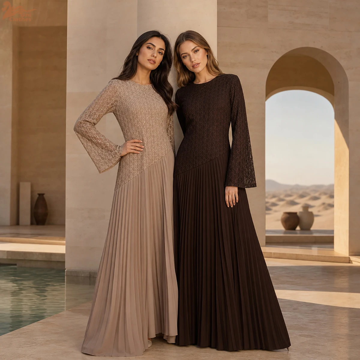 Uni 2026 New Lace Patchwork Chiffon Pleated Abaya Muslim Women Flare Sleeve Modest Maxi Dress Islamic Evening Gown for Eid Party