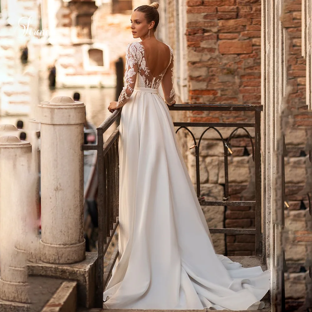 Sirene Einfache Moderne V-ausschnitt Spitze Lange Ärmel Illusion Satin Brautkleider mit Hohem Schlitz Elegante Vestidos De Novia Angepasst