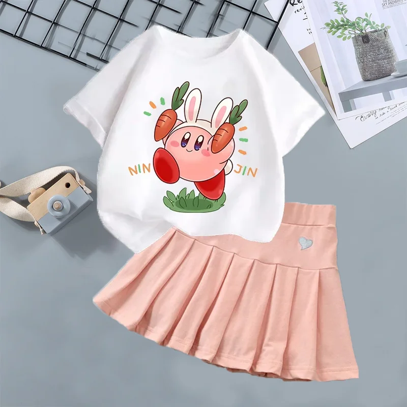 

Kirbys Princess T-shirt Skirts Set Summer Short Sleeve Tee Pleated Skirt Girl Clothes Cartoon Game Top Dress Child Birthday Gift