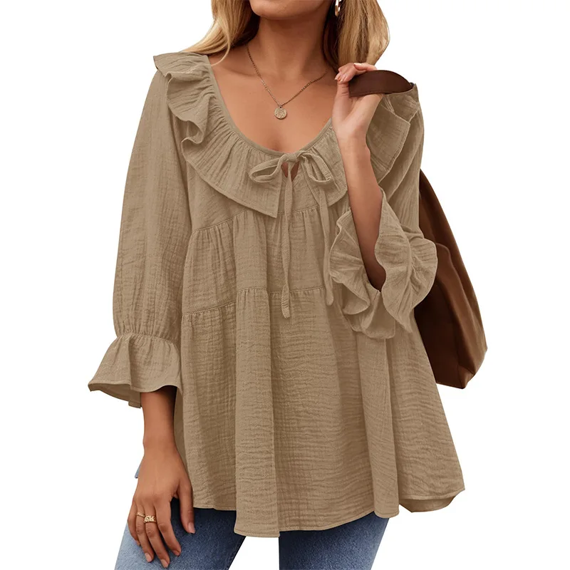 Summer Vintage Short Sleeve Shirt Tops Woman Casual Splicing Blouse Female V-Neck Solid Blusas Stylish Button Cuffs Chemise 2025