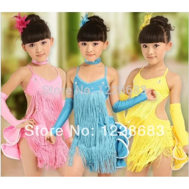 New 2020 Girls Kids Children Rhinestone Fringe Cocktail Salsa Samba Tango Ballroom Latina Costume Skirts Latin Dance Dress