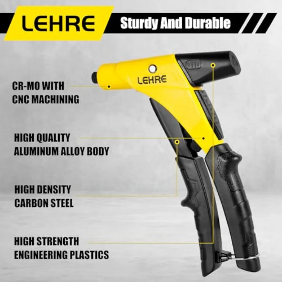 공구 없이 교체 가능한 헤드와 내장형 맨드릴 컨테이너 ID가 포함된 중장비 작업용 한손 안전 리벳 건 세트