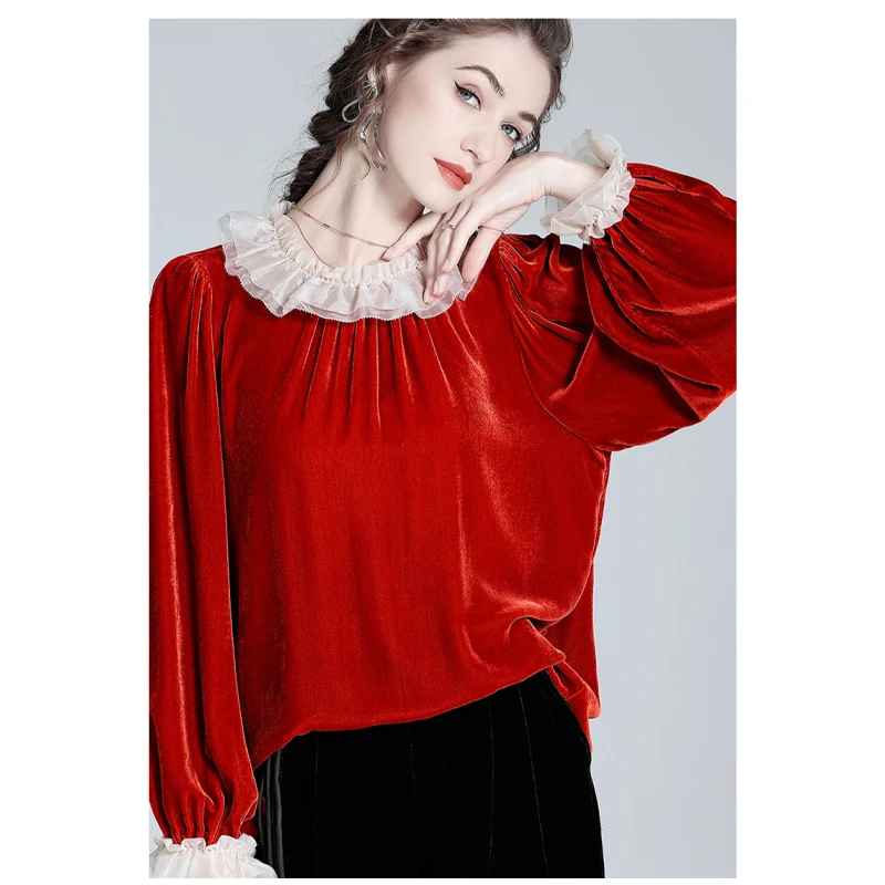 High-end Mulberry Silk Velvet Women's T-shirt Lace Edge Pullover Elegant Comfortable Top Spring Autumn Light Luxury Women's Wear