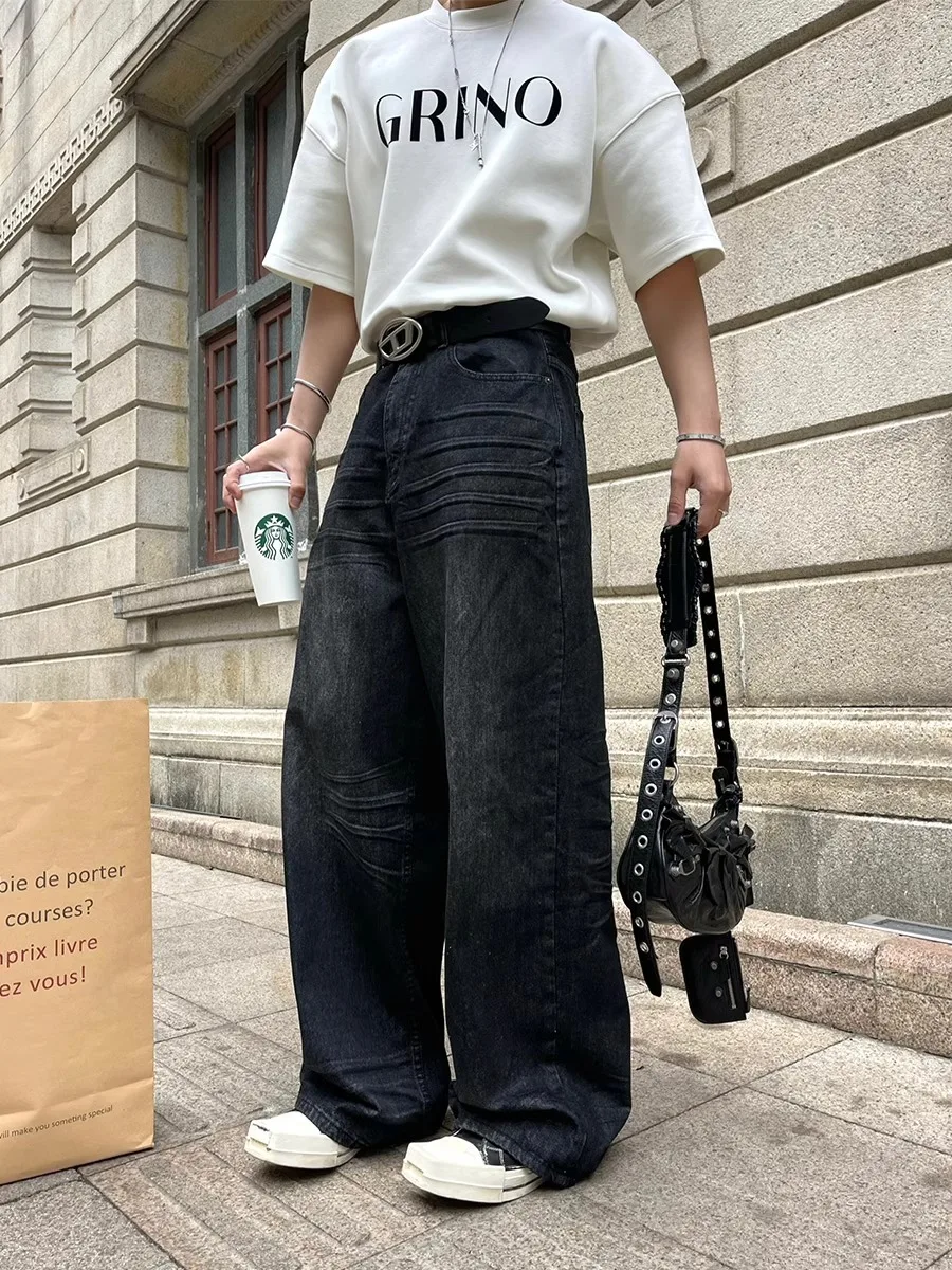 

American Retro Wide Leg Men's Jeans Casual High Waist Straight Leg Floor Length Washed Loose Fit Jeans Youthful Spring Style