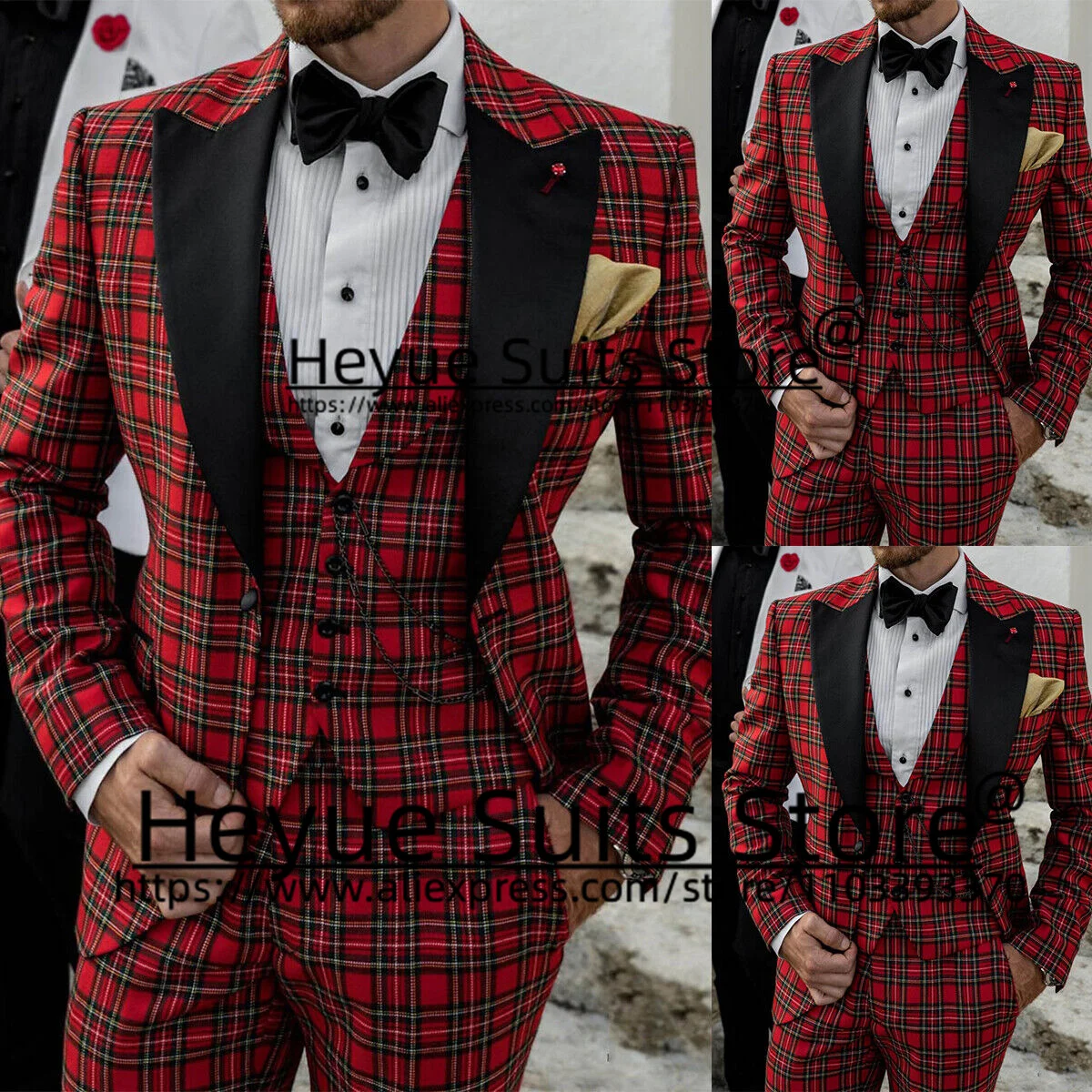 Trajes de boda a cuadros rojos para hombres, esmoquin Formal de novio, Blazer de negocios, ajuste Delgado, solapa de pico negro, conjuntos de 3