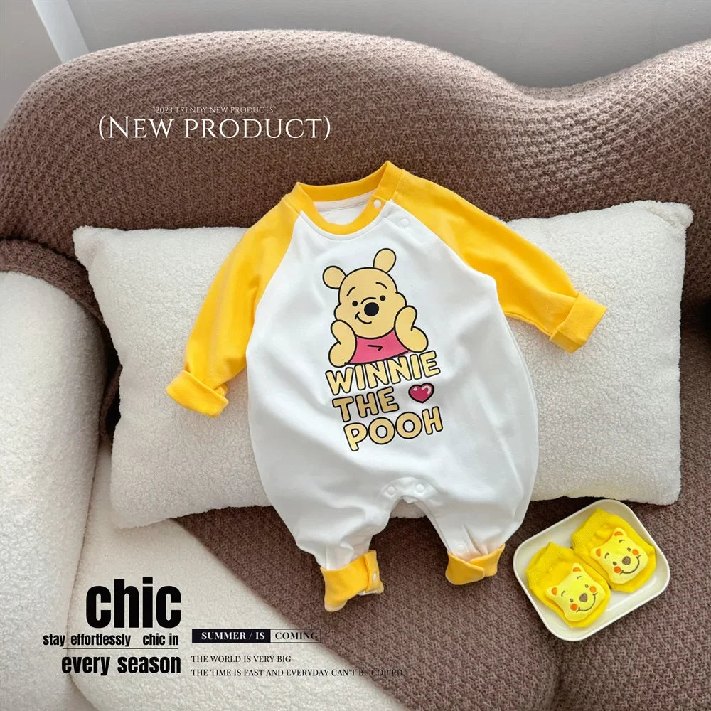 Big Yellow Assembly! Disney Winnie Fashion 2024 New Baby Clothing Crawl Suit Cartoon Yellow Bear Cotton Outing Clothes Rompers
