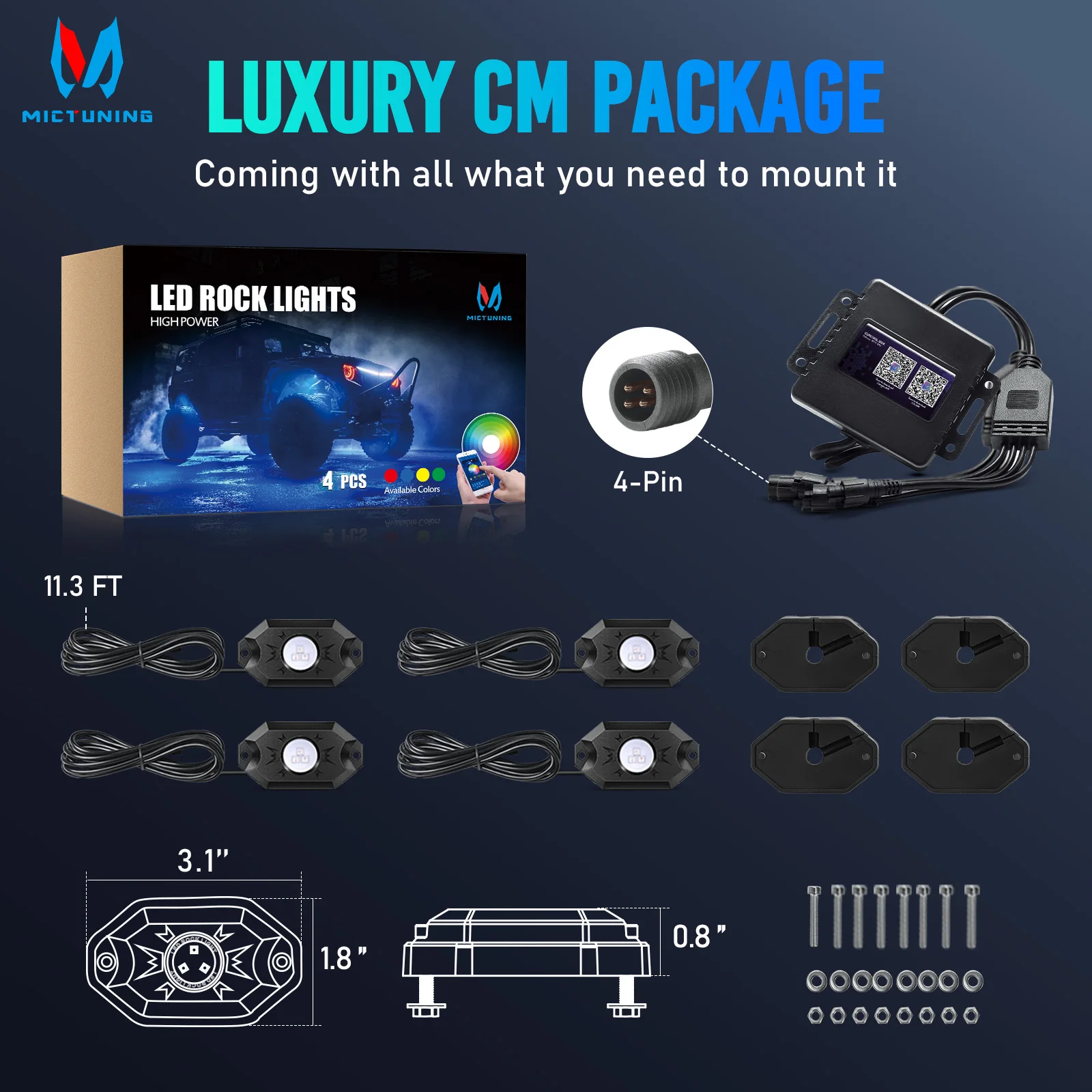 MICTUNING CM 4 Pods RGB LED Rock Light,2nd-Gen Underglow Lights With APP Control,Underbody Lamp Waterproof For Car Vehicle