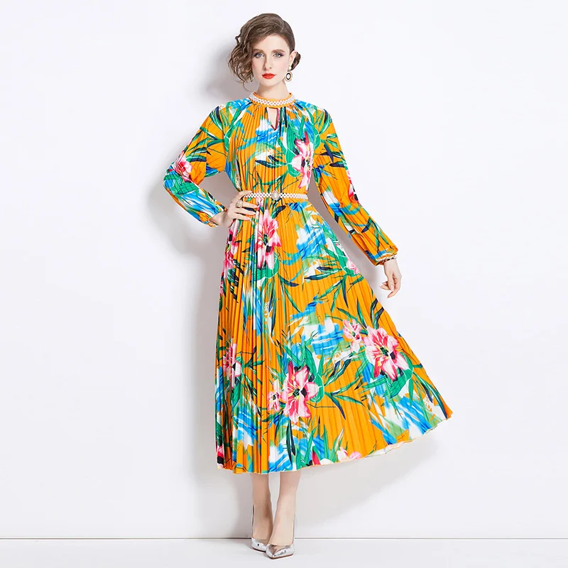 

High Quality Summer Gorgeous Flower Print Long Dress Miyake Pleated Women Beaded Stand Collar Floral Holiday Robe + Pearl Belt