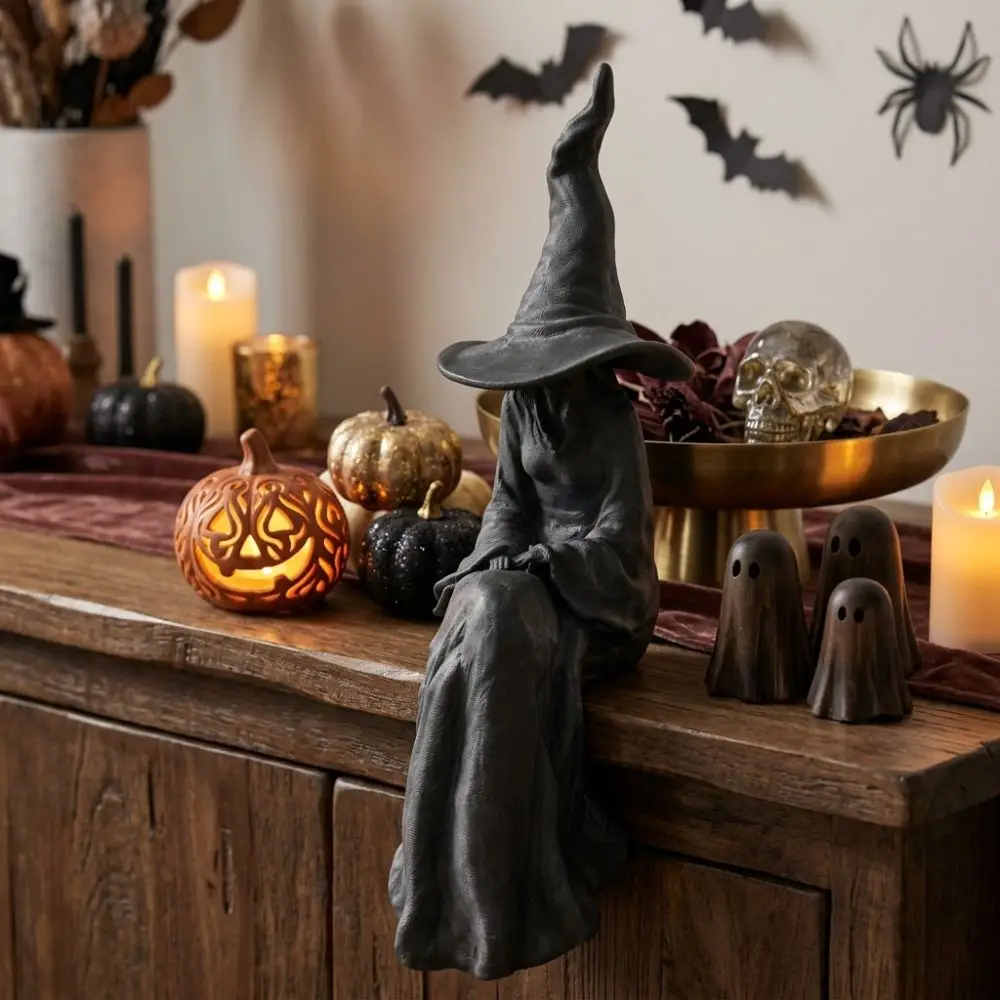3D Printed Halloween Sitting Witch Figurine Gothic Plastic Vintage Faceless Witch Sculpture Break-Resistant Dark Style
