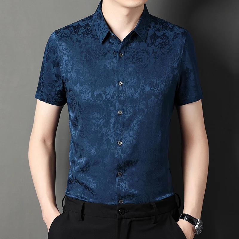 

Silk Blends Floral Jacquard Shirts For Men Short Sleeve Boutique Summer Quality Soft Comfortable Casual Luxury Camisas De Hombre