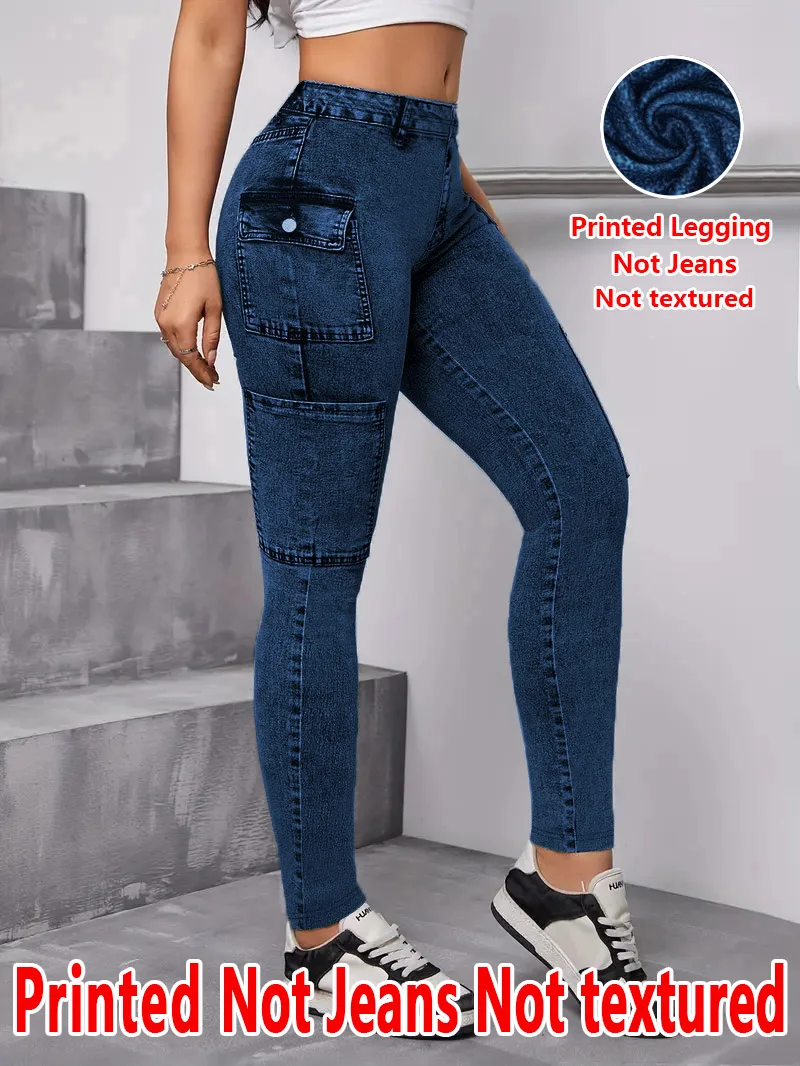 2117 Women's Non-Leather Denim Print Tight Pants Texture-Free Fabric Bottoming Trousers for All Seasons