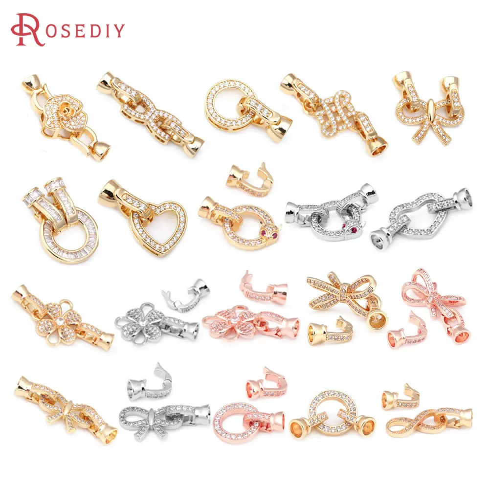 18K Gold Color Brass and Zircon Flower Round Bow-Knot Heart Connector for Necklaces Bracelet Clasps Jewelry Making Diy Findings