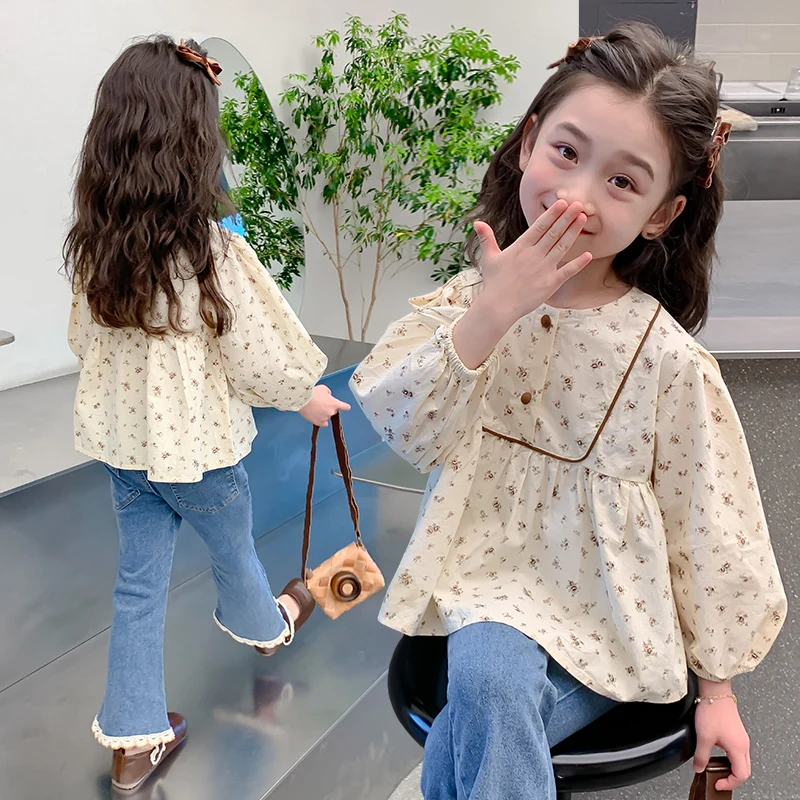 

Little Girl Long Sleeves Shirt Baby Casual Floral Shirt Child Autumn Pastorale Top Princess SoftyCotton Blouse Toddler Size 2-9Y