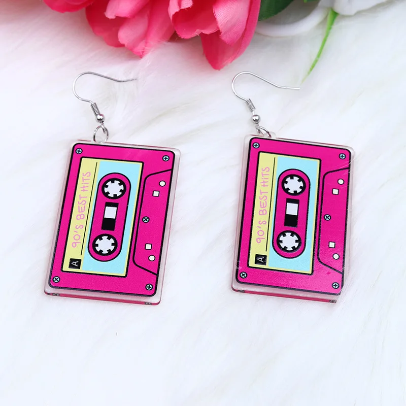 Vintage 90\'s Best HITS Tape Earrings For Women Creative Simulation Cassette Acrylic Dangling Earring