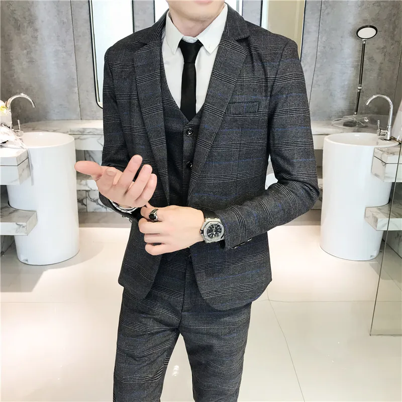 2023 Fashion New Men\'s Casual Slim Plaid Suit Coat Three Piece Set / Men\'s Business Boutique Wedding Blazers Jacket Pants Vest