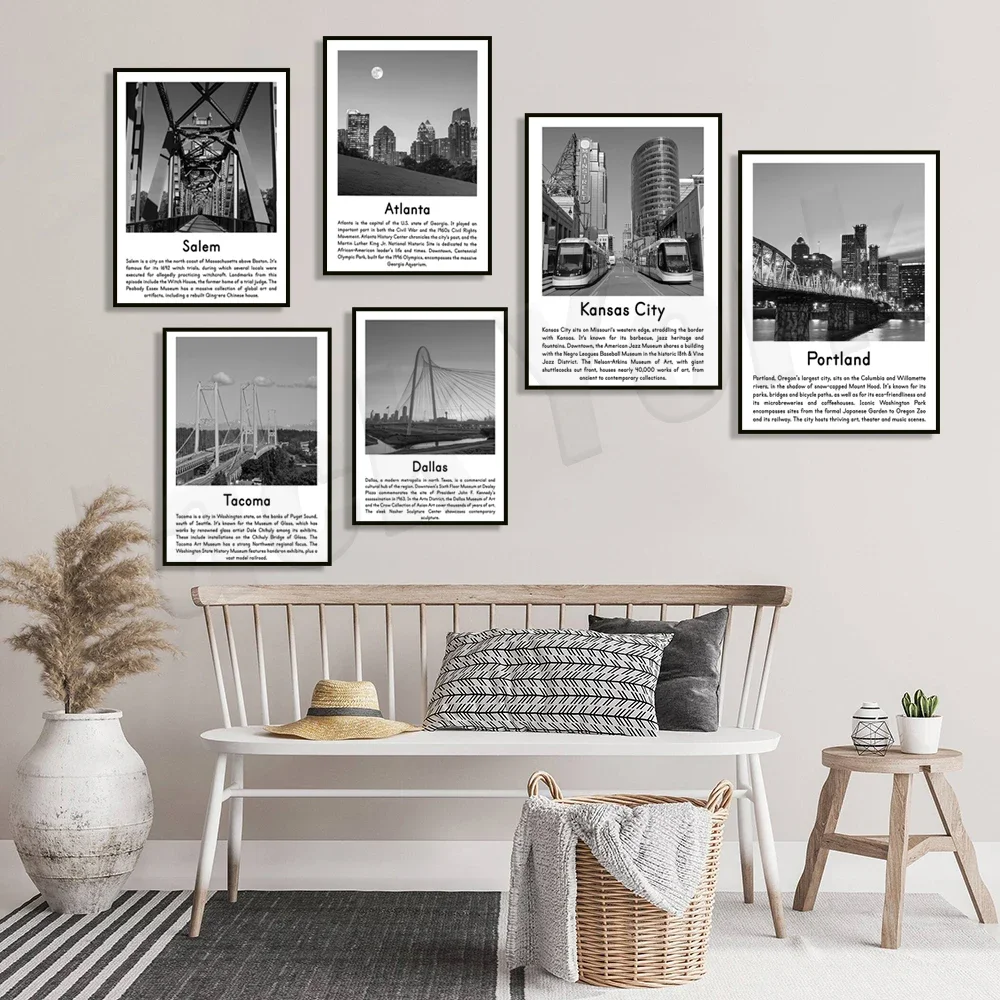 Black and white travel posters for New Orleans, Washington DC, Tacoma, Dallas, Portland, Miami, Kansas, Atlanta, Nashville, Sale