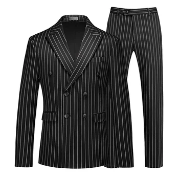 Fashion Men Double Breasted Striped Suit 2 Piece Black / Wine Red Homme Business Social Wedding Party Blazers and Trousers 3