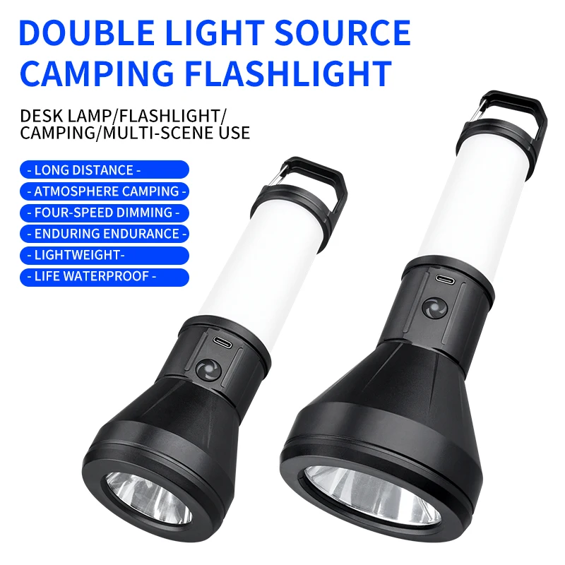 

Dual-ligh Outdoor Flashlight Portable Strong Light Rechargeable Type-C Flashlight Long Range Camping Lights for Fishing Hiking