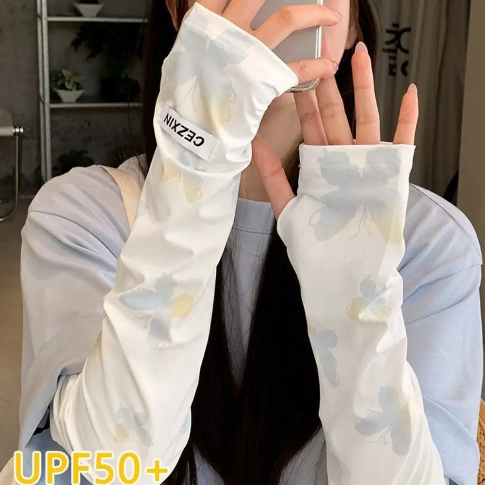 Nuevas mangas de seda de hielo de mariposa protección UV manga de brazo largo UPF50 + mangas de protección solar