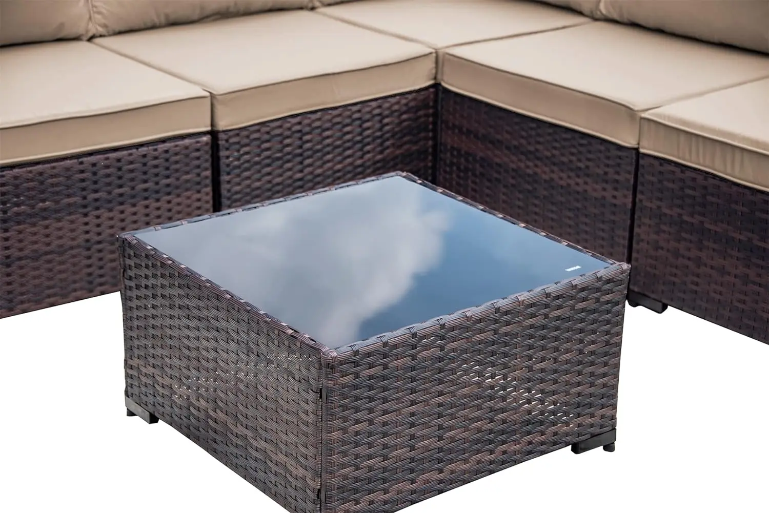 PE Rattan Outdoor Patio Móveis Set, Sofá secional, Pátio Conversação Set, Top de vidro temperado, mesa e almofadas, 14 Pcs