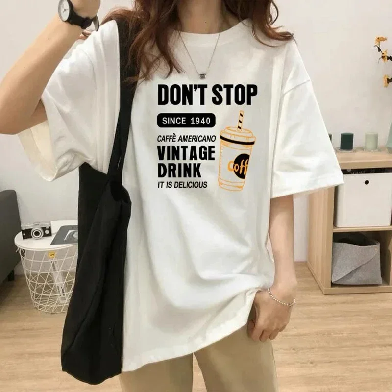 Summer Coffee Letter Pattern Printed Fashion Cotton T-shirt White Simple and Versatile Casual Short Sleeved Trendy Women\'s Top