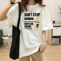 Summer Coffee Letter Pattern Printed Fashion Cotton T-shirt White Simple and Versatile Casual Short Sleeved Trendy Women's Top