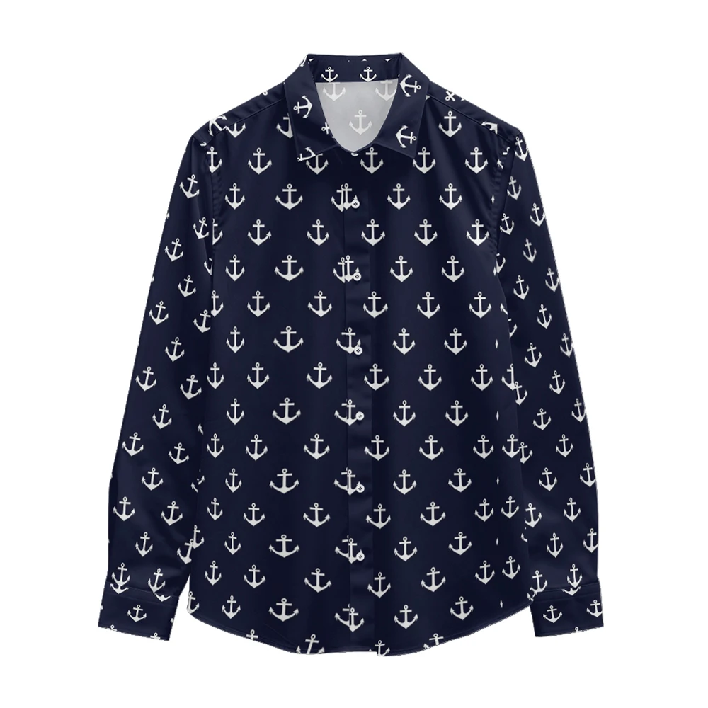 Blue boat anchor printed pattern long sleeved shirt, Spring and Autumn new style