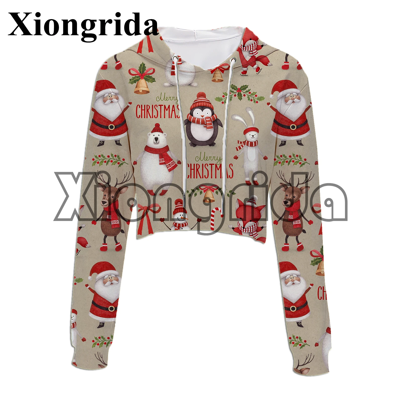 Christmas Pattern 3D Printed Crop Top Hoodie Women Casual Holiday Xmas Trees Illustration Pattern Short Hood Hooded Pullover