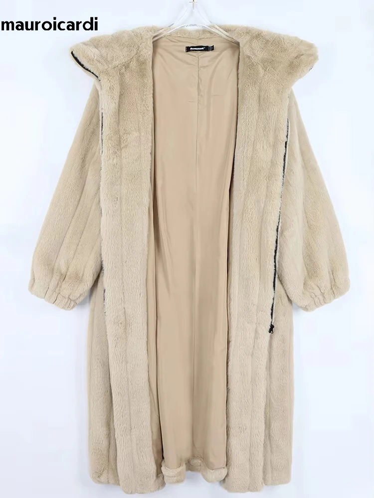 Mauroicardi Winter Long Thick Warm Striped Fluffy Faux Fur Coat Women with Drawstring Waist and Hood Zip Up Furry Overcoat 2024