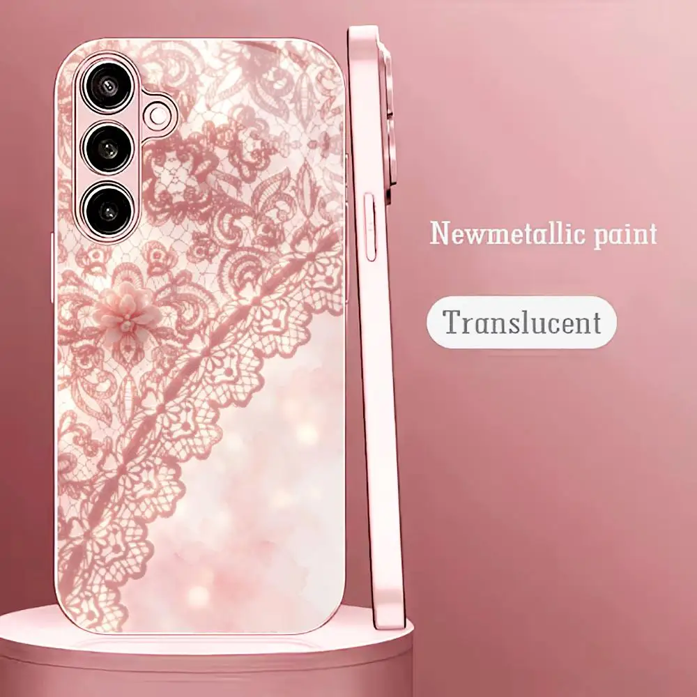 Exquisite Pink lace pattern phone case s26 ultra case quad lock 폰케이스 glass for Samsung Galaxy S26 S25 S24 S23 S22 FE,Ultra,Plus