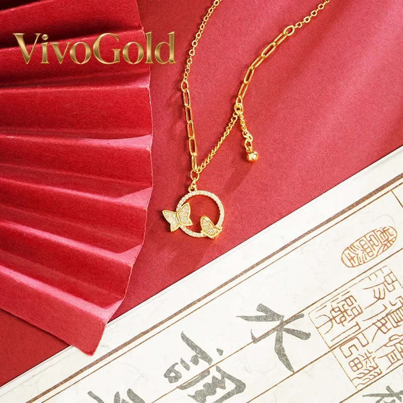 VivoGoldNew Chinese style 24K gold necklace light luxury diamond round butterfly clavicle chain women's design exquisite necklac